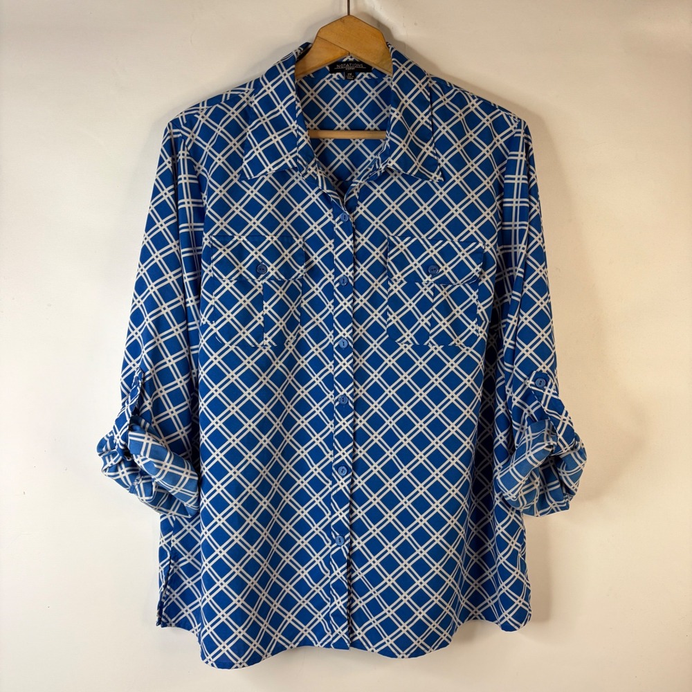Notations Button Up Blouse Womens 2X Blue Geometric Grid Roll Tab Sleeve Shirt
